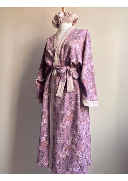 Çiçekli Kadın Uzun Kimono Kuşaklı Tokalı Set