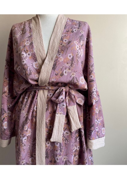 Çiçekli Kadın Uzun Kimono Kuşaklı Tokalı Set