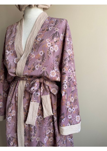 Çiçekli Kadın Uzun Kimono Kuşaklı Tokalı Set