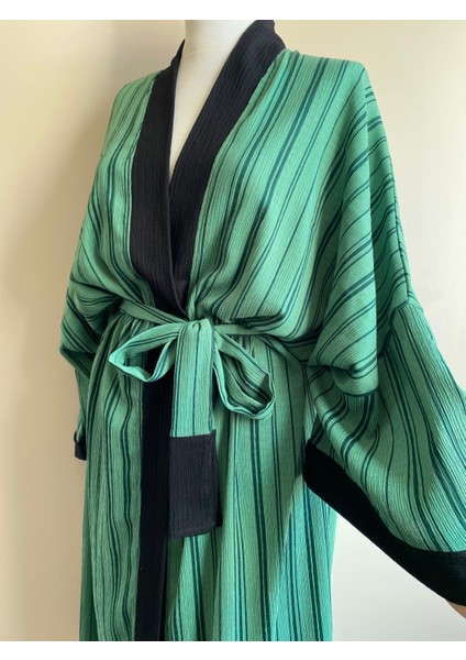 Tokalı Kuşaklı Kadın Kimono Set - Yeşil Çizgili, Uzun