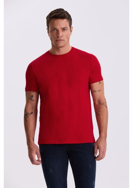 Kırmızı %100 Pamuk Slim Fit Bisiklet Yaka Basic T-Shirt
