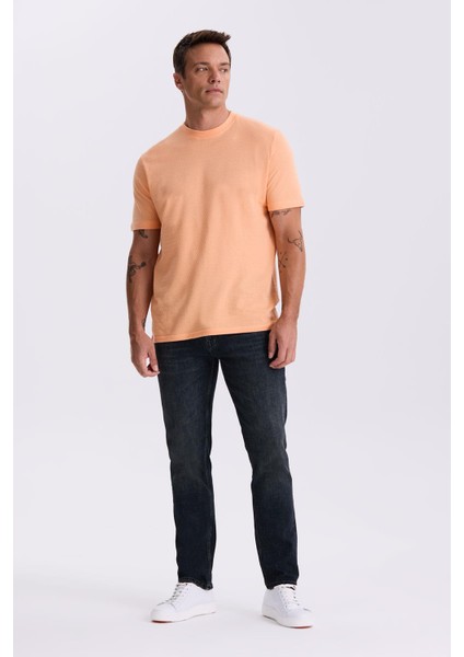 Turuncu %100 Pamuk Desenli Bisiklet Yaka T-Shirt