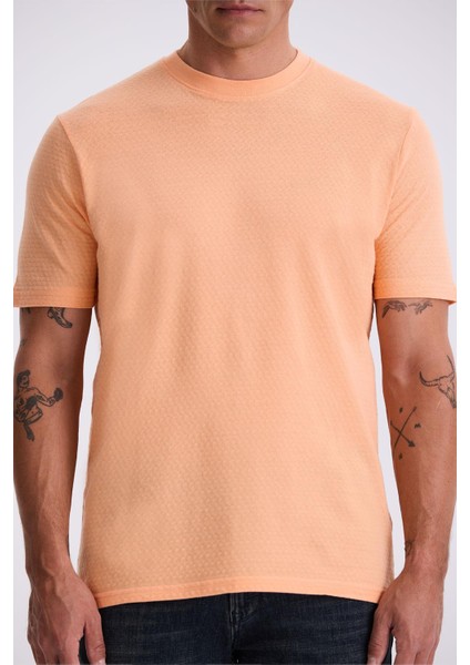 Turuncu %100 Pamuk Desenli Bisiklet Yaka T-Shirt