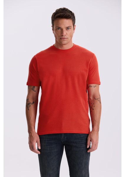 Kırmızı %100 Pamuk Desenli Bisiklet Yaka T-Shirt