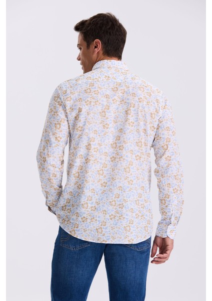 Mavi Çiçek Desenli Yaka Düğmeli Comfort Fit Gömlek modelleri