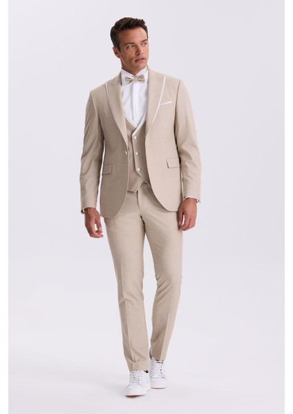 Vizon Slim Fit Kırlangıç Yaka Yelekli Smokin Damatlık Takım Elbise