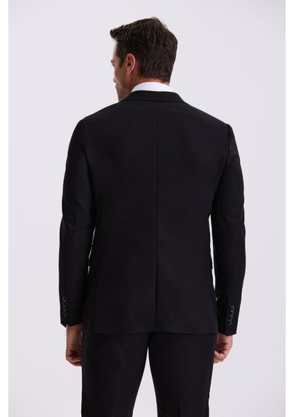 Siyah Slim Fit Mono Yaka Çift Yırtmaçlı Yelekli Takım Elbise