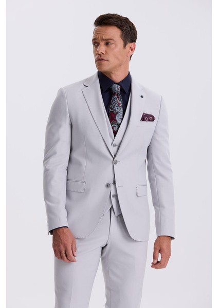 Gri Slim Fit Mono Yaka Çift Yırtmaçlı Yelekli Takım Elbise