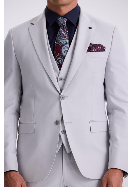 Gri Slim Fit Mono Yaka Çift Yırtmaçlı Yelekli Takım Elbise