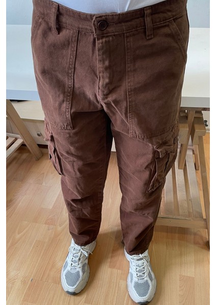 Erkek Kargo Cep Baggy Pantolon Koyu Kahve Rengi