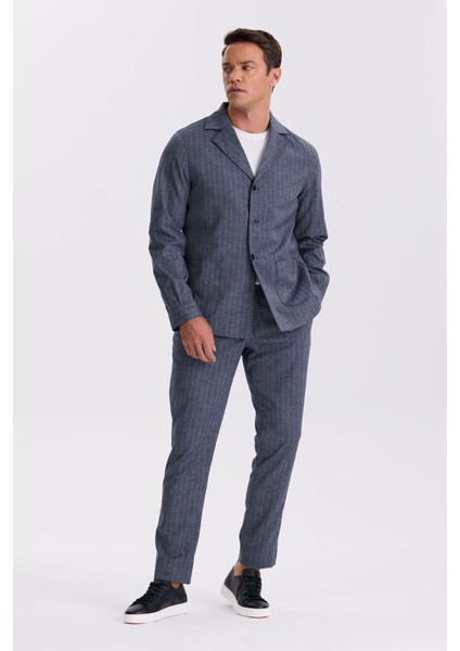 Lacivert Slim Fit Apaş Yaka Keten Karışımlı Çift Yırtmaçlı Çizgili Takım Elbise