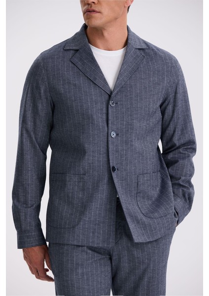 Lacivert Slim Fit Apaş Yaka Keten Karışımlı Çift Yırtmaçlı Çizgili Takım Elbise