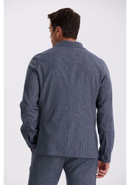 Lacivert Slim Fit Apaş Yaka Keten Karışımlı Çift Yırtmaçlı Çizgili Takım Elbise