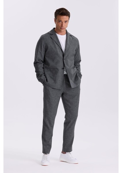 Antrasit Slim Fit Apaş Yaka Keten Karışımlı Çift Yırtmaçlı Çizgili Takım Elbise
