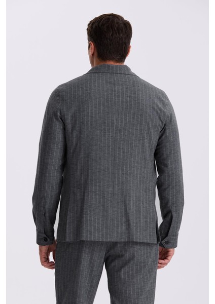 Antrasit Slim Fit Apaş Yaka Keten Karışımlı Çift Yırtmaçlı Çizgili Takım Elbise