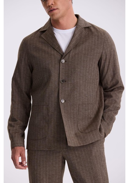 Kahve Slim Fit Apaş Yaka Keten Karışımlı Çift Yırtmaçlı Çizgili Takım Elbise