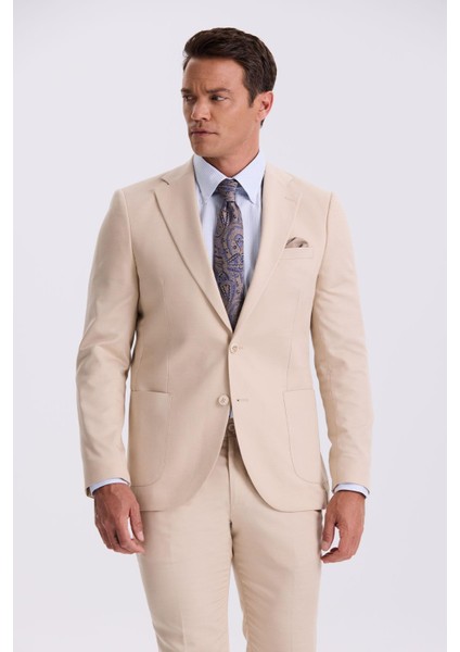 Bej Slim Fit Mono Yaka Tensel Kumaş Çift Yırtmaç Torba Cepli Takım Elbise