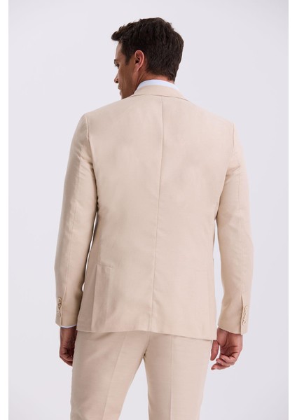Bej Slim Fit Mono Yaka Tensel Kumaş Çift Yırtmaç Torba Cepli Takım Elbise