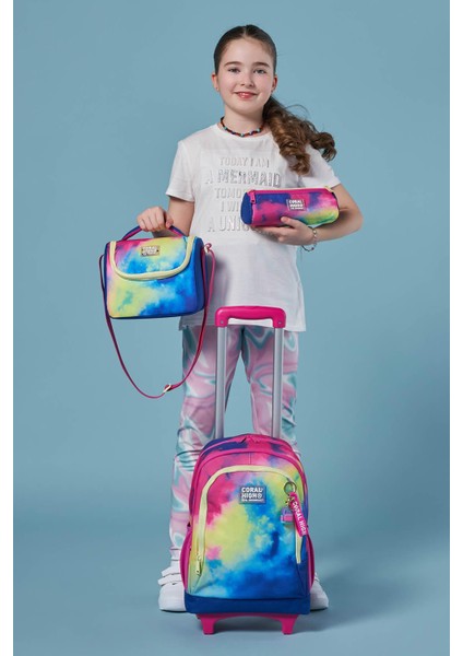 Kids Renkli Batik Desenli Üç Bölmeli Çekçekli 3'lü Çanta Seti SET0123957 fiyatları