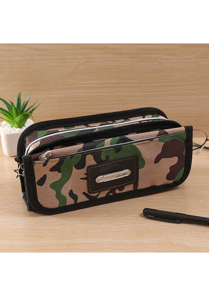 Kamuflaj Büyük Kapasiteli Kırtasiye Çantası Oxford Kumaş Kalem Çantası Yaratıcı Çok Fonksiyonlu 3 Katmanlı Fermuarlı Öğrenci Kalem Çantası (Yurt Dışından)