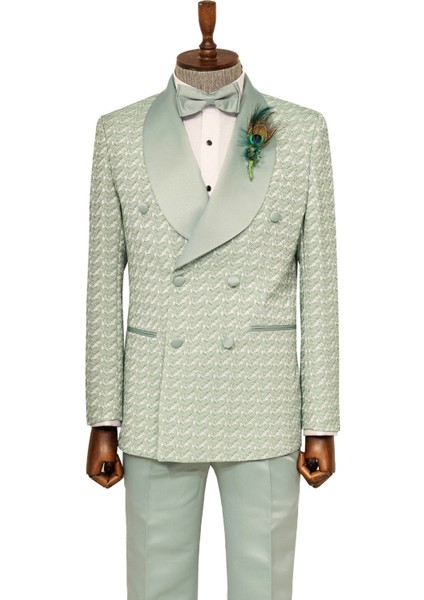 Saten Yaka Kendinden Desenli Kruvaze Açık Yeşil Erkek Damatlık Takım Elbise