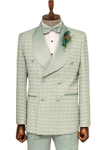 Saten Yaka Kendinden Desenli Kruvaze Açık Yeşil Erkek Damatlık Takım Elbise fiyatları