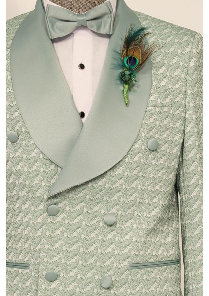 Saten Yaka Kendinden Desenli Kruvaze Açık Yeşil Erkek Damatlık Takım Elbise modelleri