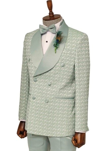 Saten Yaka Kendinden Desenli Kruvaze Açık Yeşil Erkek Damatlık Takım Elbise fırsatları
