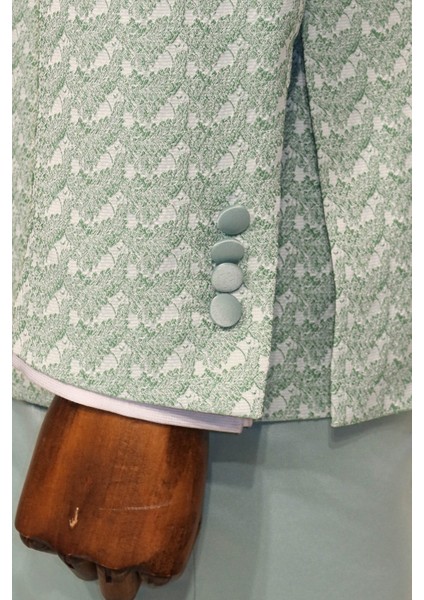 Saten Yaka Kendinden Desenli Kruvaze Açık Yeşil Erkek Damatlık Takım Elbise indirimleri