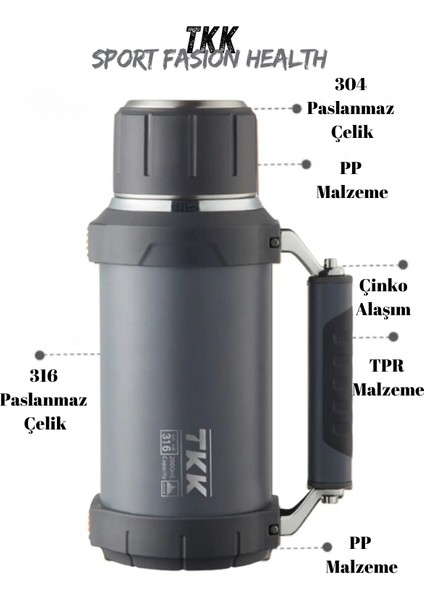 Tkk 316 Paslanmaz Çelik (Stainless Steel) Profesyonel Termos - 2000 Ml.