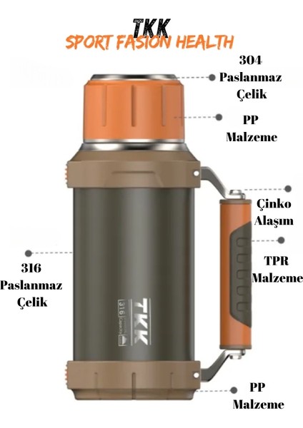 Tkk 316 Paslanmaz Çelik (Stainless Steel) Profesyonel Termos - 2000 Ml.