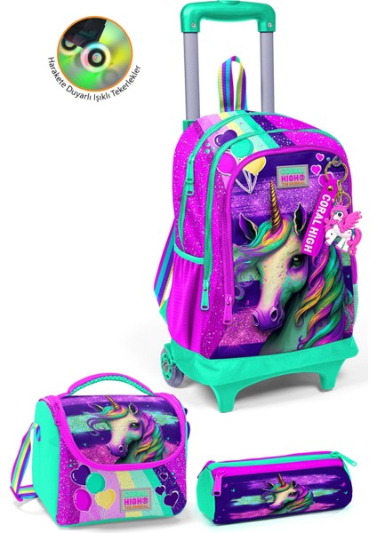 Kids Pembe Su Yeşili Unicorn Desenli Üç Bölmeli Çekçekli 3'lü Çanta Seti SET0123958