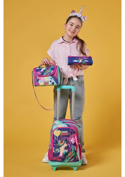 Kids Pembe Su Yeşili Unicorn Desenli Üç Bölmeli Çekçekli 3'lü Çanta Seti SET0123958 fiyatları