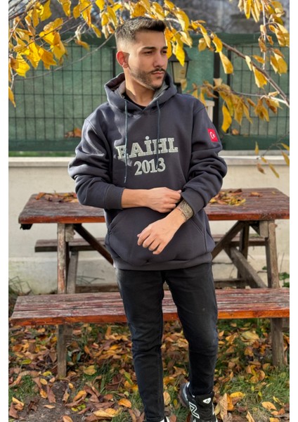 Unisex Nakışlı Oversize 3 Iplik Kolej Kapşonlu Sweatshirt