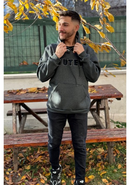 Unisex Nakışlı Oversize 3 Iplik Kolej Kapşonlu Sweatshirt