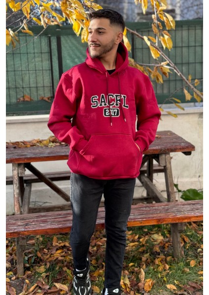 Unisex Nakışlı Oversize 3 Iplik Kolej Kapşonlu Sweatshirt
