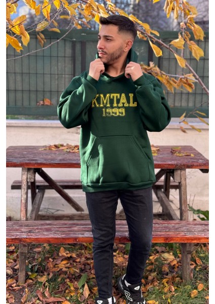 Unisex Nakışlı Oversize 3 Iplik Kolej Kapşonlu Sweatshirt