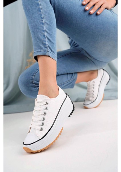 Kalın Taban Kısa Beyaz Keten Kadın Spor Ayakkabı