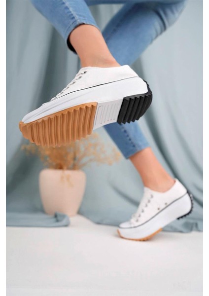 Kalın Taban Kısa Beyaz Keten Kadın Spor Ayakkabı modelleri