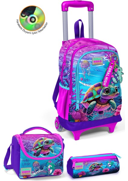 Kids Pembe Mor Kaplumbağa Desenli Üç Bölmeli Çekçekli 3'lü Çanta Seti SET0123956