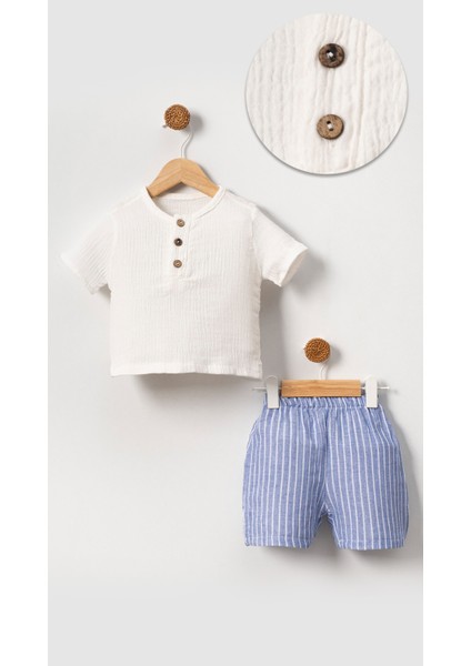Unisex Bebek&çocuk %100 Pamuklu Çizgili Düğmeli Müslin Şort Takım-Mavi
