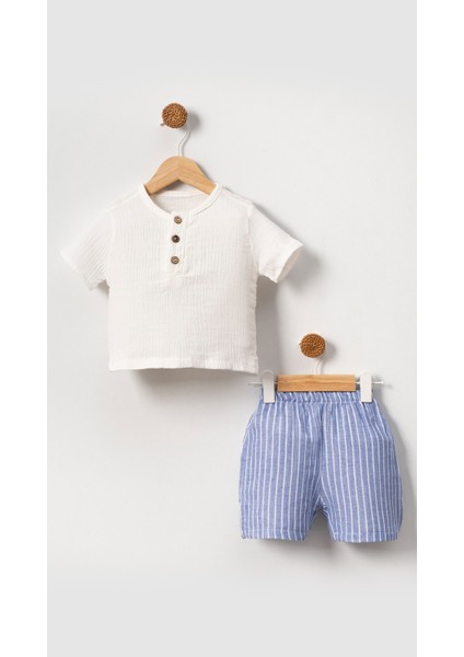 Unisex Bebek&çocuk %100 Pamuklu Çizgili Düğmeli Müslin Şort Takım-Mavi