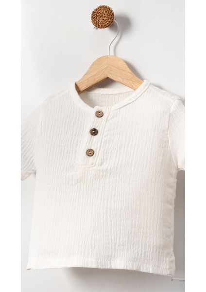 Unisex Bebek&çocuk %100 Pamuklu Çizgili Düğmeli Müslin Şort Takım-Mavi