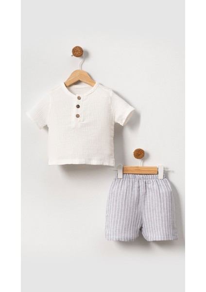 Unisex Bebek&çocuk %100 Pamuklu Çizgili Düğmeli Müslin Şort Takım-Gri fiyatları