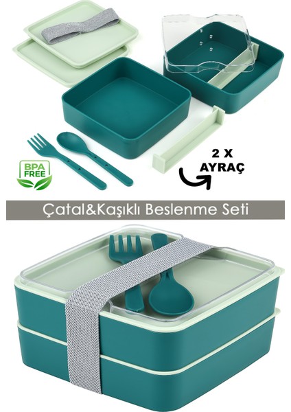 Beslenme Kabı Kare 2 Katlı Ayarlanabilir Çatal Kaşıklı Yemek Saklama Kabı