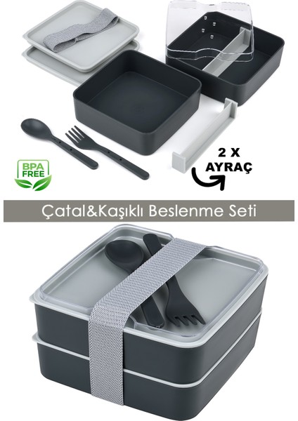 Beslenme Kabı Kare 2 Katlı Ayarlanabilir Çatal Kaşıklı Yemek Saklama Kabı
