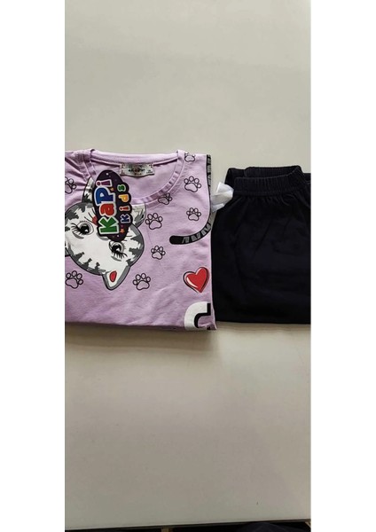 Kapi Kids  Uzunkollu Sevimli Kedi Baskılı Pamuklu Kız Çocuk Pijama Takımı Yeşil 6054