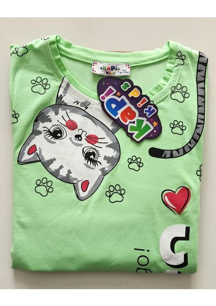 Uzunkollu Sevimli Kedi Baskılı Pamuklu Kız Çocuk Pijama Takımı Yeşil 6054