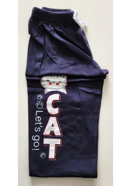 Uzunkollu Sevimli Kedi Baskılı Pamuklu Kız Çocuk Pijama Takımı Yeşil 6054