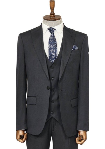 Tek Düğmeli Sivri Yaka Yelekli Siyah Erkek Takım Elbise